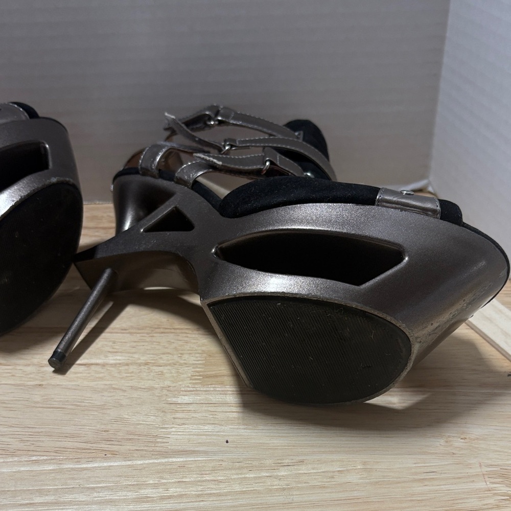 Bumper Black Suede & Silver Metallic Strappy High Heel Sandals with Red Insoles - Picture 8 of 10